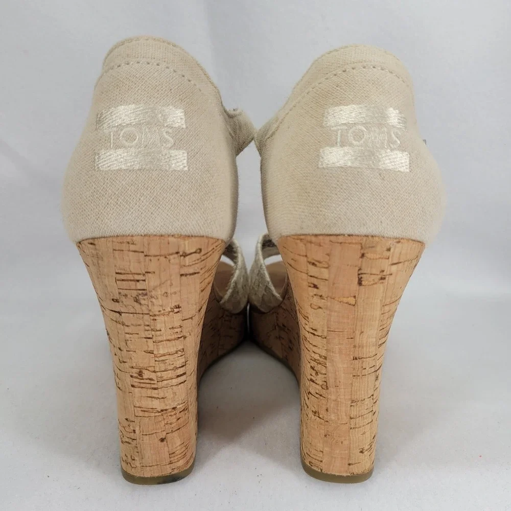Toms Women Sz 9.5 Natural Woven Cork Platform Wedge Sandal Open Toe Strappy Shoe